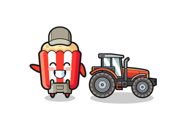 Mascote Agricultor Pipoca Lado Trator Projeto Bonito — Vetor de Stock