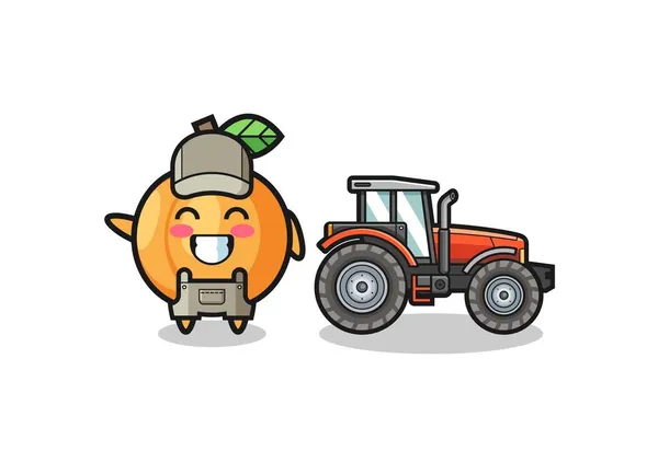 站在拖拉机旁边的杏树农民吉祥物 可爱的设计 — 图库矢量图片