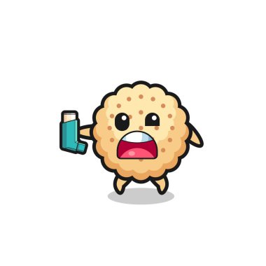 Yuvarlak bisküvi maskotu astımı var, astım spreyi tutarken, şirin bir tasarım.