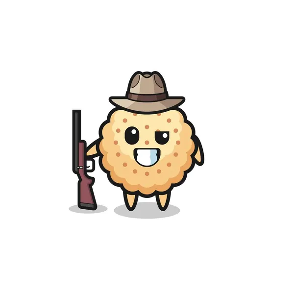圆圆的饼干猎人吉祥物拿着枪 可爱的设计 — 图库矢量图片
