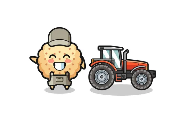 Yuvarlak Bisküvi Çiftçi Maskotu Bir Traktörün Yanında Duruyor Şirin Bir — Stok Vektör