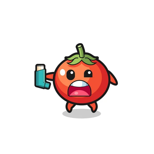 吸入器を持っている間喘息を持つトマトマスコット かわいいデザイン — ストックベクタ