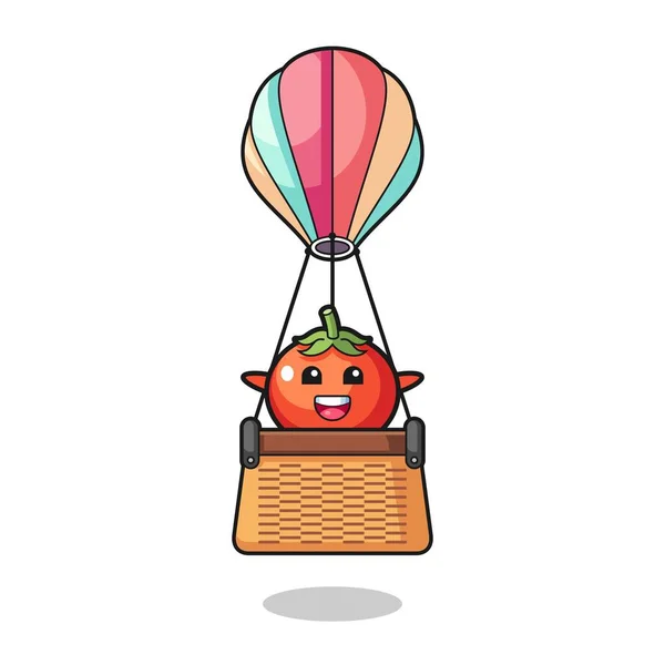 西红柿吉祥物骑一个热气球 可爱的设计 — 图库矢量图片