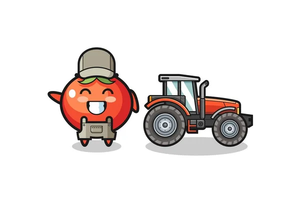 Mascota Del Agricultor Tomates Pie Junto Tractor Lindo Diseño — Vector de stock