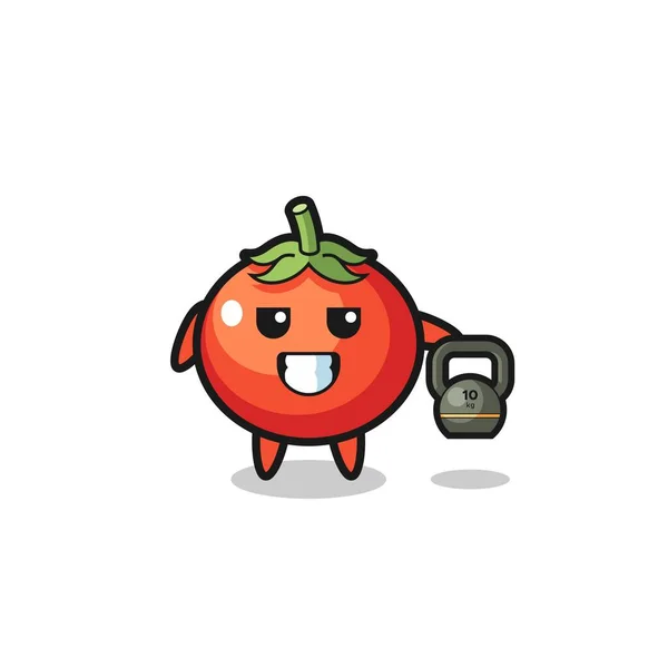 トマトマスコットはジムでケトルベルを持ち上げかわいいデザイン — ストックベクタ