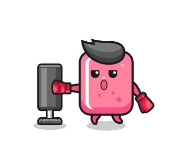 Balonlu sakız boksörü çizgi filmi kum torbasıyla antrenman yapıyor, şirin tasarım.