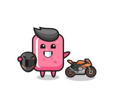 Motosiklet yarışçısı olarak sevimli sakız karikatürü, şirin tasarım.