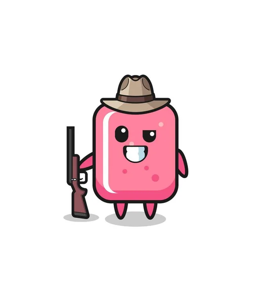 Bubble Gum Hunter Mascot Holding Gun Cute Design — Stock Vector