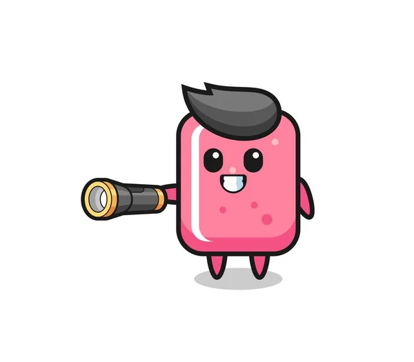 Bubble Gum Mascot Holding Flashlight Cute Design — Stock Vector