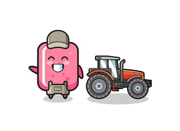 Mascotte Paysan Chewing Gum Debout Côté Tracteur Design Mignon — Image vectorielle