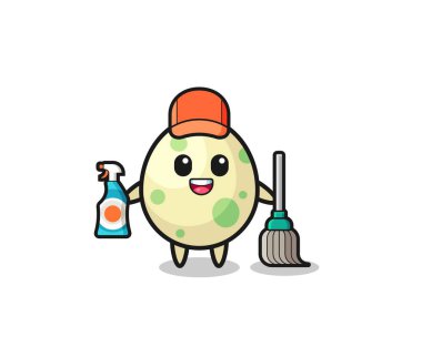 Güzel lekeli yumurta karakteri temizleme servisi maskotu, şirin tasarım.
