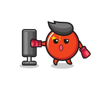 Çin bayrağı boksörü çizgi filmi. Kum torbasıyla antrenman yapıyor. Sevimli tasarım.