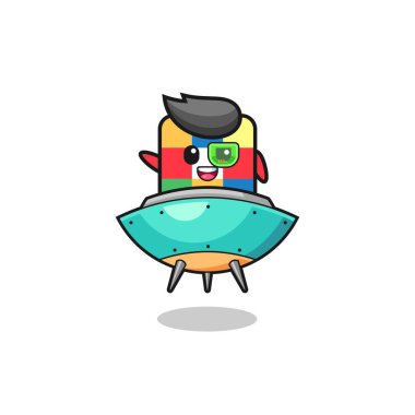 Geleceğin uzay gemisine binen kare yapboz karikatürü, şirin tasarım.