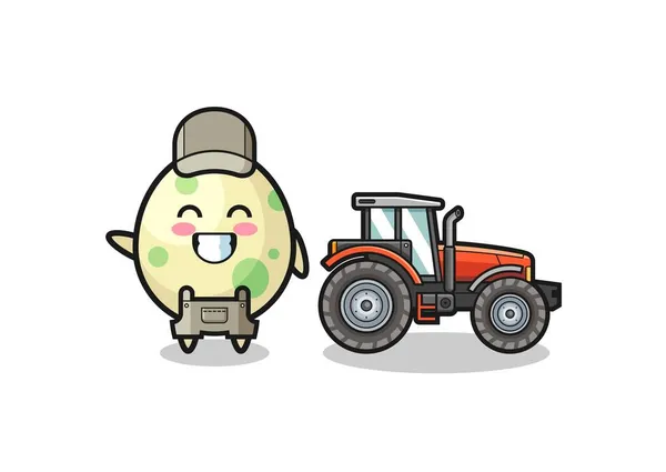 Mascota Granjero Huevo Manchado Pie Junto Tractor Lindo Diseño — Archivo Imágenes Vectoriales