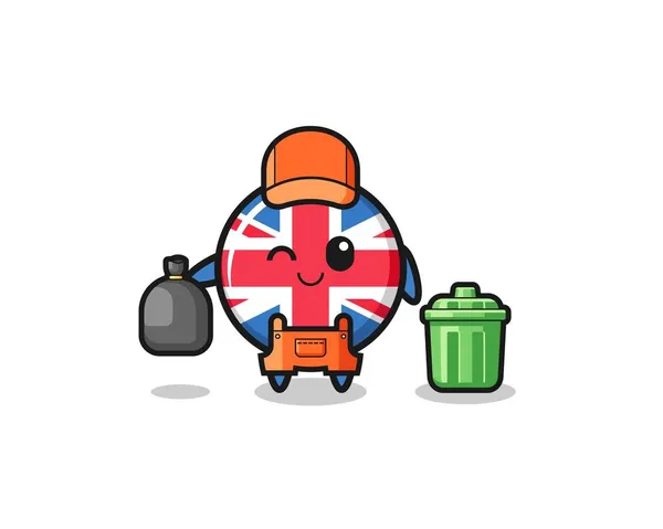 かわいいイギリス国旗のマスコットをゴミ収集家としてかわいいデザインで — ストックベクタ