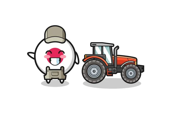 站在拖拉机旁边的日本旗子农民吉祥物 可爱的设计 — 图库矢量图片