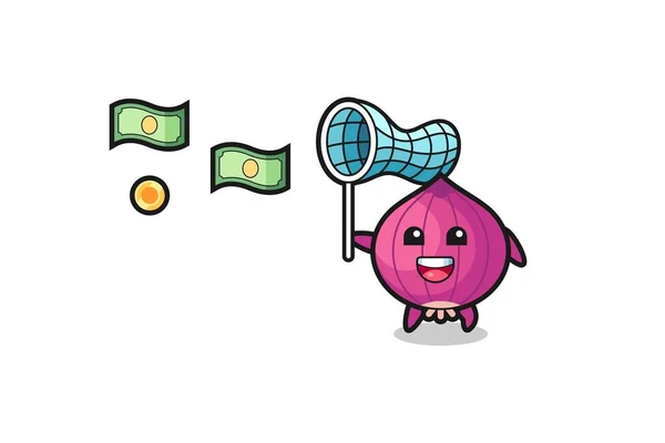 Illustration Onion Catching Flying Money Cute Design — Stock Vector