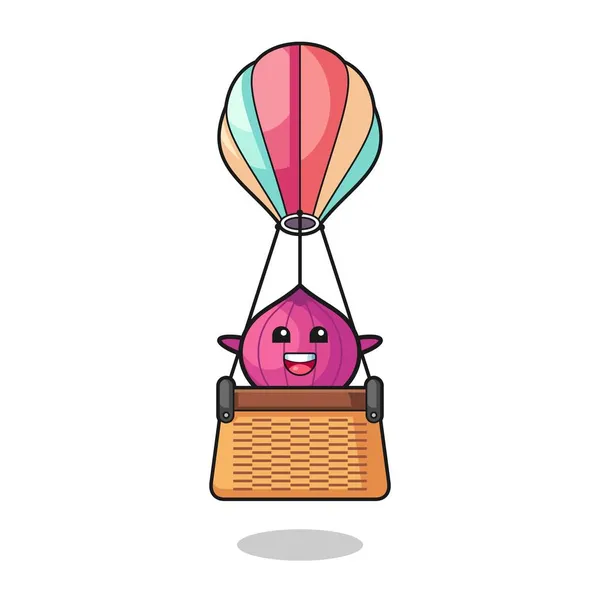 熱気球に乗るタマネギマスコット可愛いデザイン — ストックベクタ