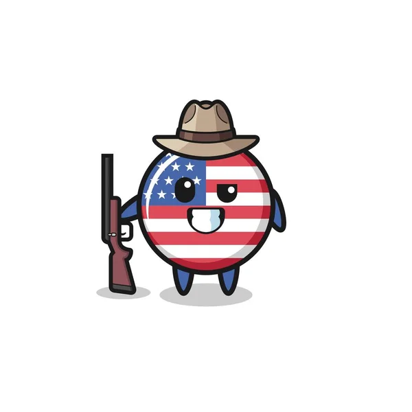 Etats Unis Drapeau Chasseur Mascotte Tenant Pistolet Design Mignon — Image vectorielle