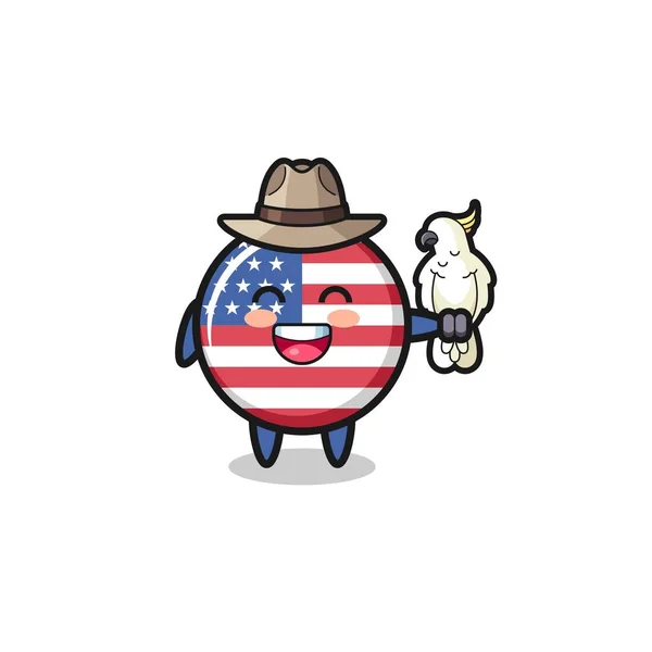 Estados Unidos Bandera Zookeeper Mascota Con Loro Lindo Diseño — Vector de stock