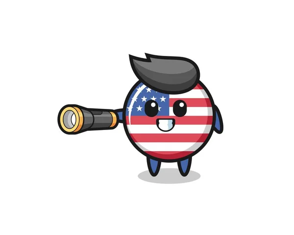 United States Flag Mascot Holding Flashlight Cute Design — Stock Vector