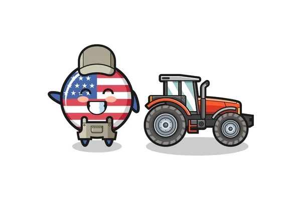 Bandeira Dos Estados Unidos Agricultor Mascote Lado Trator Projeto Bonito — Vetor de Stock