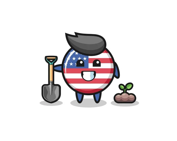Lindo Estados Unidos Bandera Dibujos Animados Está Plantando Una Semilla — Vector de stock