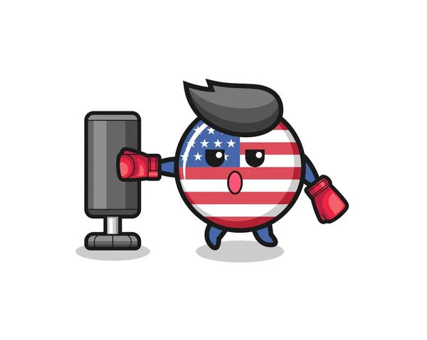 United States Flag Boxer Cartoon Doing Training Punching Bag Cute — Stock Vector