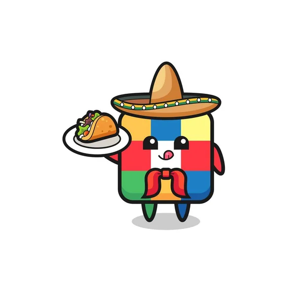 Kub Pussel Mexikansk Kock Maskot Håller Taco Söt Design — Stock vektor