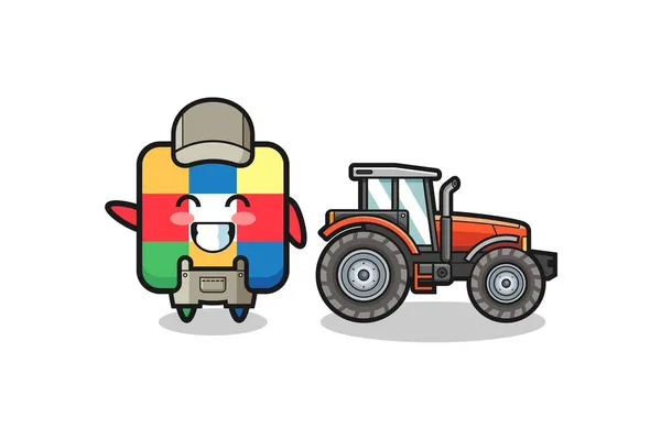 Kocka Puzzle Farmer Kabala Áll Egy Traktor Mellett Aranyos Design — Stock Vector