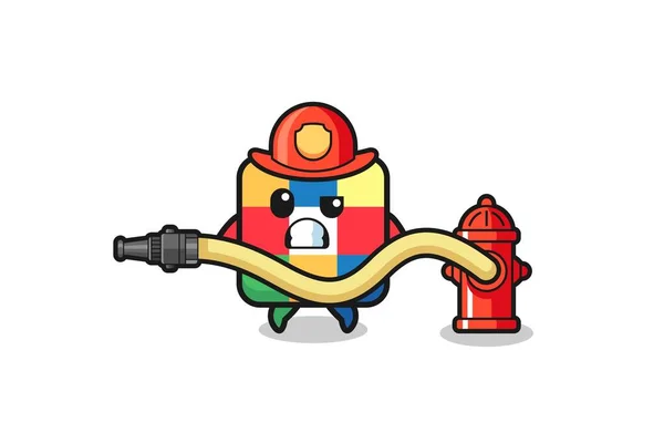 Würfel Puzzle Cartoon Als Feuerwehrmann Maskottchen Mit Wasserschlauch Niedliches Design — Stockvektor
