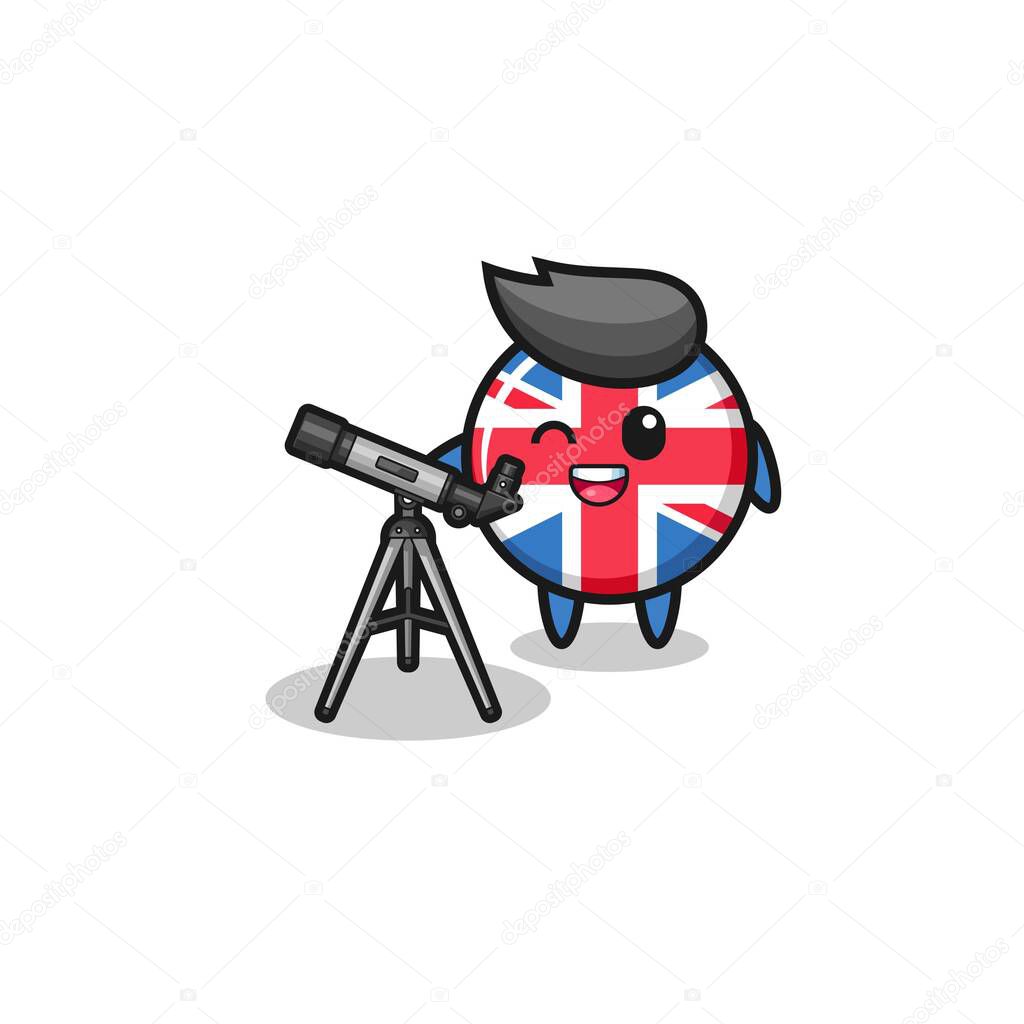 united kingdom flag astronomer mascot with a modern telescope , cute design