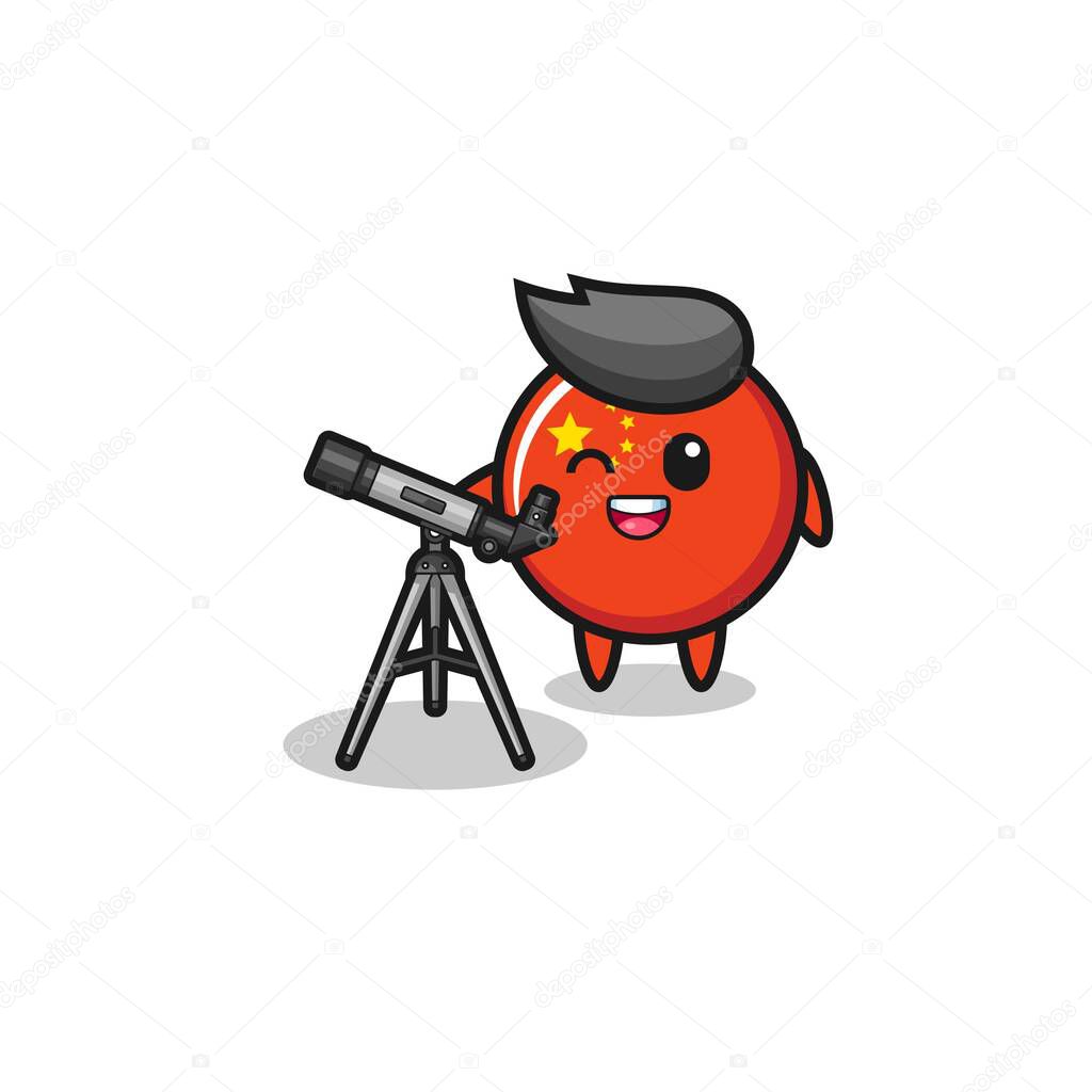 china flag astronomer mascot with a modern telescope , cute design