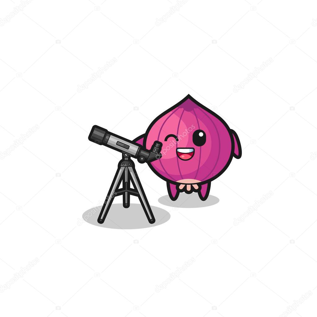 onion astronomer mascot with a modern telescope , cute design