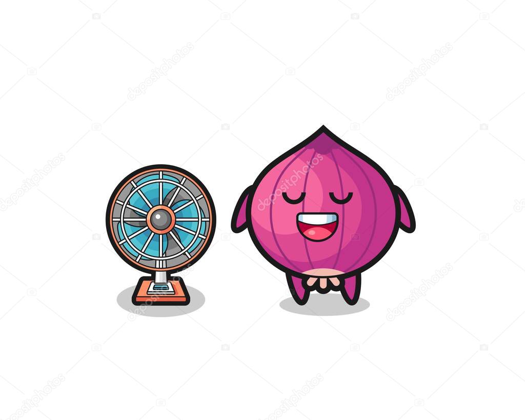 cute onion is standing in front of the fan , cute design