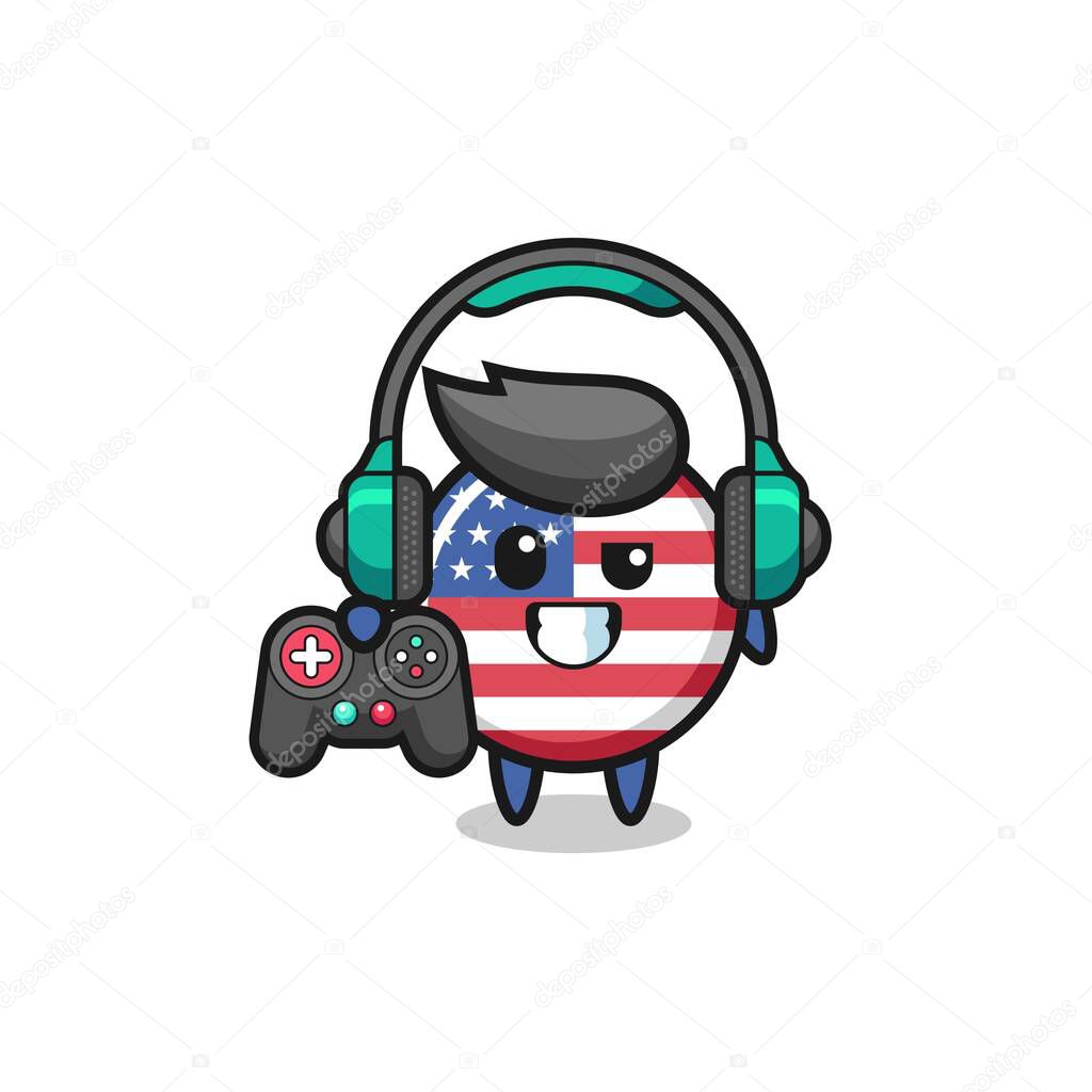 united states flag gamer mascot holding a game controller , cute design