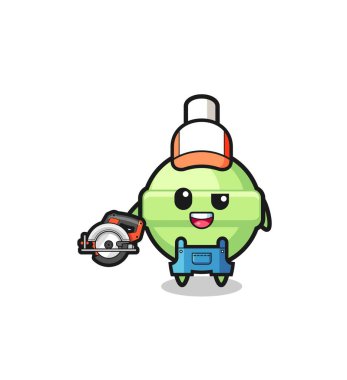 Odun işçisi lolipop maskotu elinde daire şeklinde testere, şirin bir tasarım.