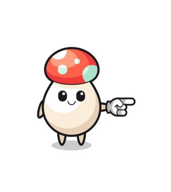 Mantar maskotu, sağ işaret eden, şirin tasarım.