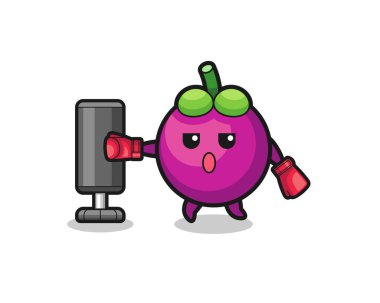 Mangosteen Boxer çizgi filmi kum torbasıyla antrenman yapıyor, şirin tasarım.