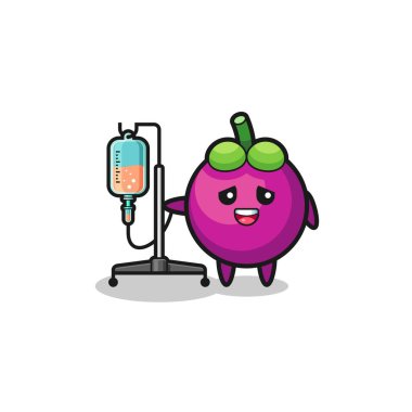 Şirin bir mangosteen karakteri. Nakil çubuğuyla duruyor. Sevimli bir tasarım.