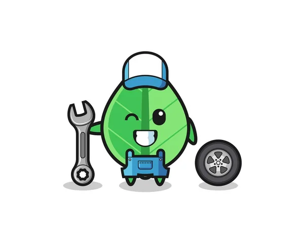 Leaf Character Mechanic Mascot Cute Design — Stock Vector