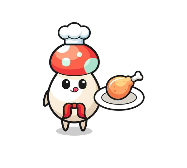 Cogumelo Frito Frango Chef Personagem Dos Desenhos Animados Design Bonito — Vetor de Stock