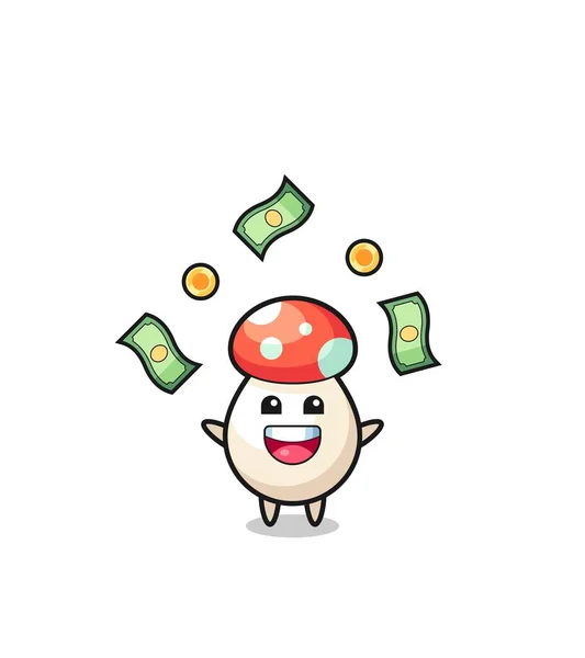 Illustration Mushroom Catching Money Falling Sky Cute Design — Stock Vector