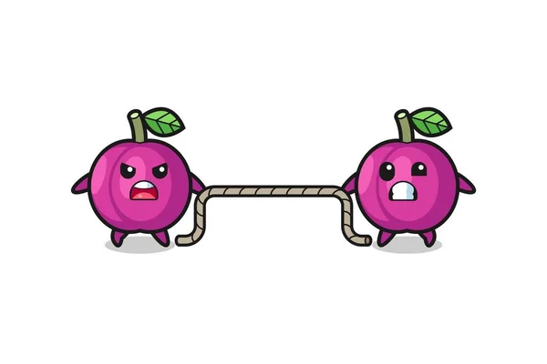 Cute Plum Fruit Character Playing Tug War Game Cute Design — Stock Vector