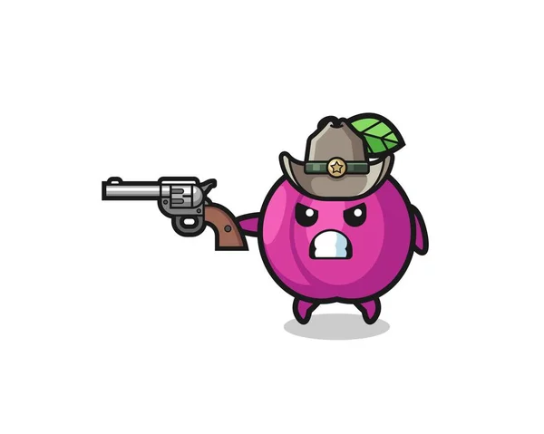 Plum Fruit Cowboy Shooting Gun Cute Design — Stock Vector