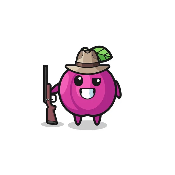 Pruim Fruit Jager Mascotte Met Een Pistool Schattig Ontwerp — Stockvector