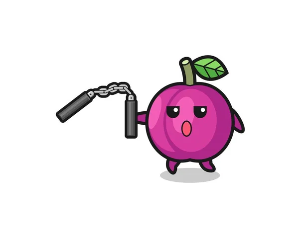 Cartoon Plum Fruit Using Nunchaku Cute Design — 图库矢量图片