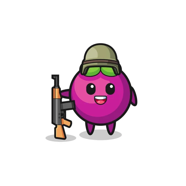 Cute Mangosteen Mascot Soldier Cute Design — Stock Vector
