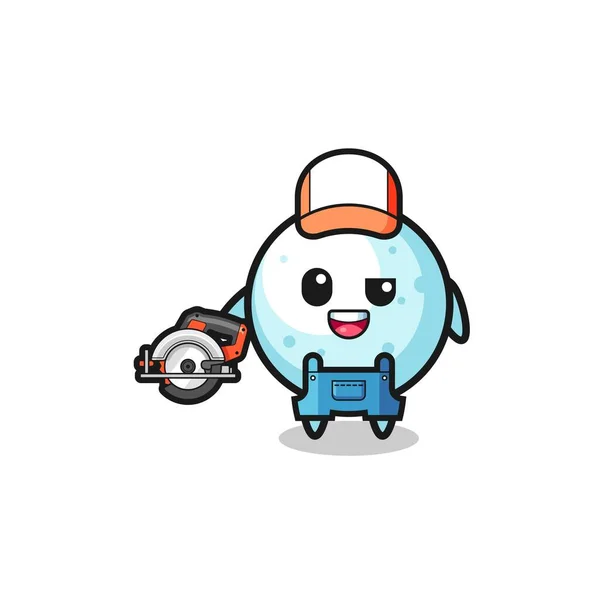 Woodworker Snow Ball Mascot Holding Circular Saw Cute Design — Stock Vector