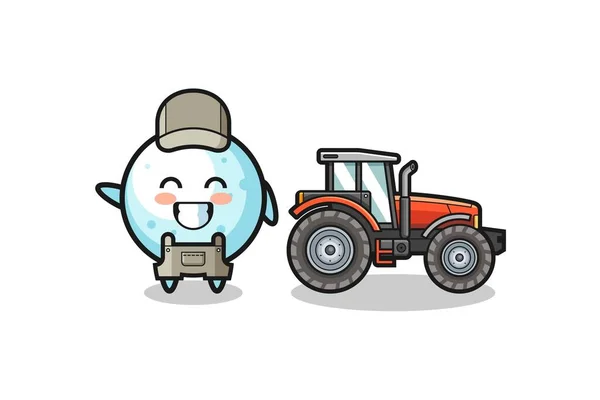 Sněhová Koule Farmář Maskot Stojící Vedle Traktoru Roztomilý Design — Stockový vektor